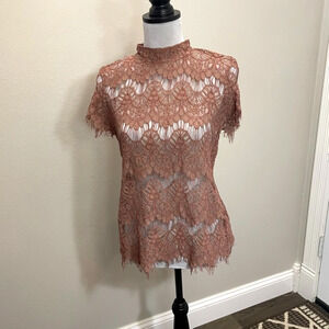INNY Lace Overlay Blouse Short Sleeve Open Back Grunge Boho Festival Sz L